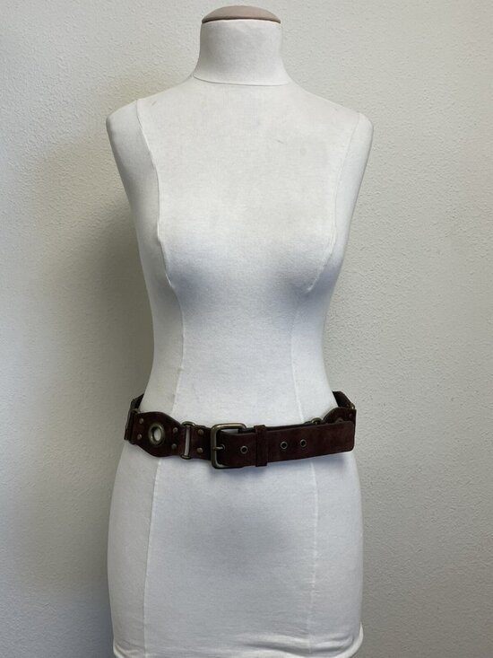 Saks Fifth Avenue Brown Genuine Leather Solid Brass Groomet Studded Belt Size L main image 10